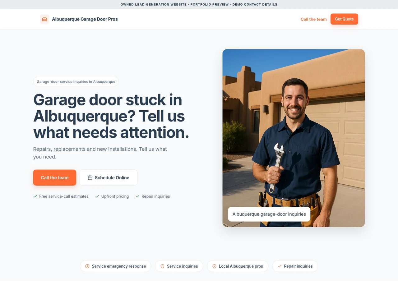 Owned Albuquerque garage-door website preview with demo contact details