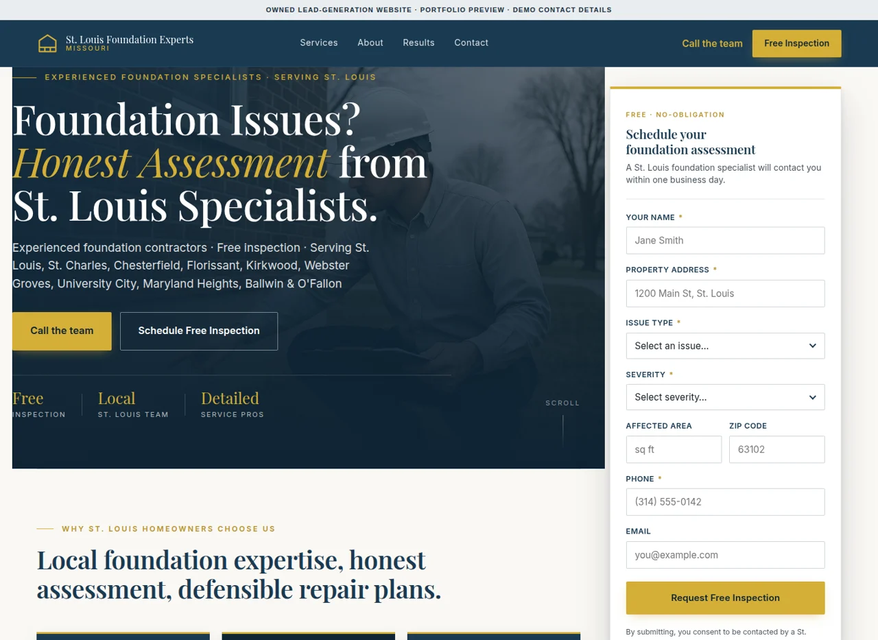 Owned foundation-service website portfolio preview, with demo contact details