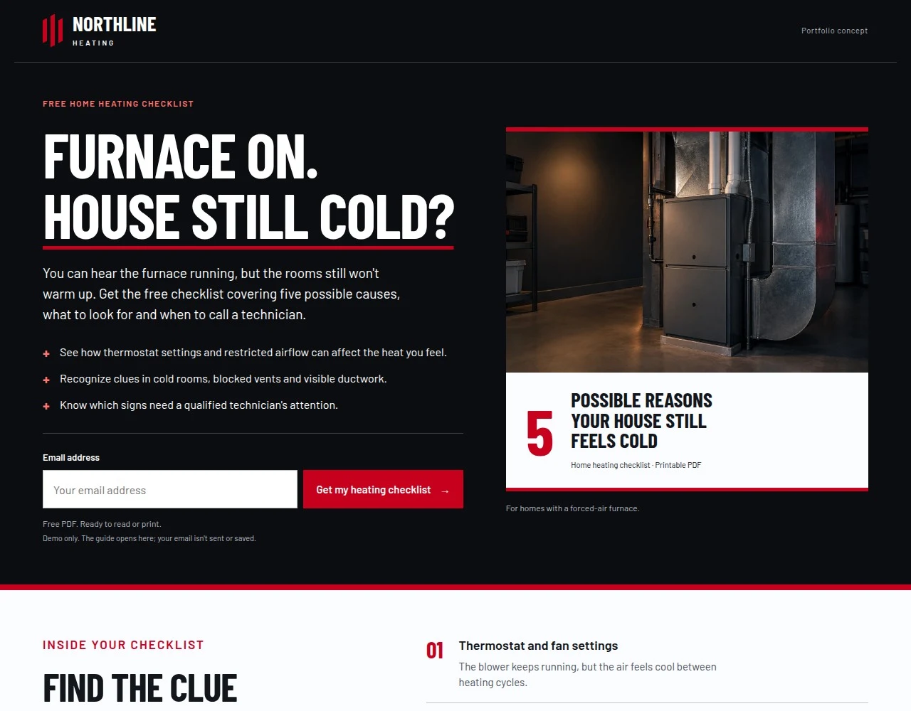Northline Heating landing-page concept with a black and red design and home heating checklist