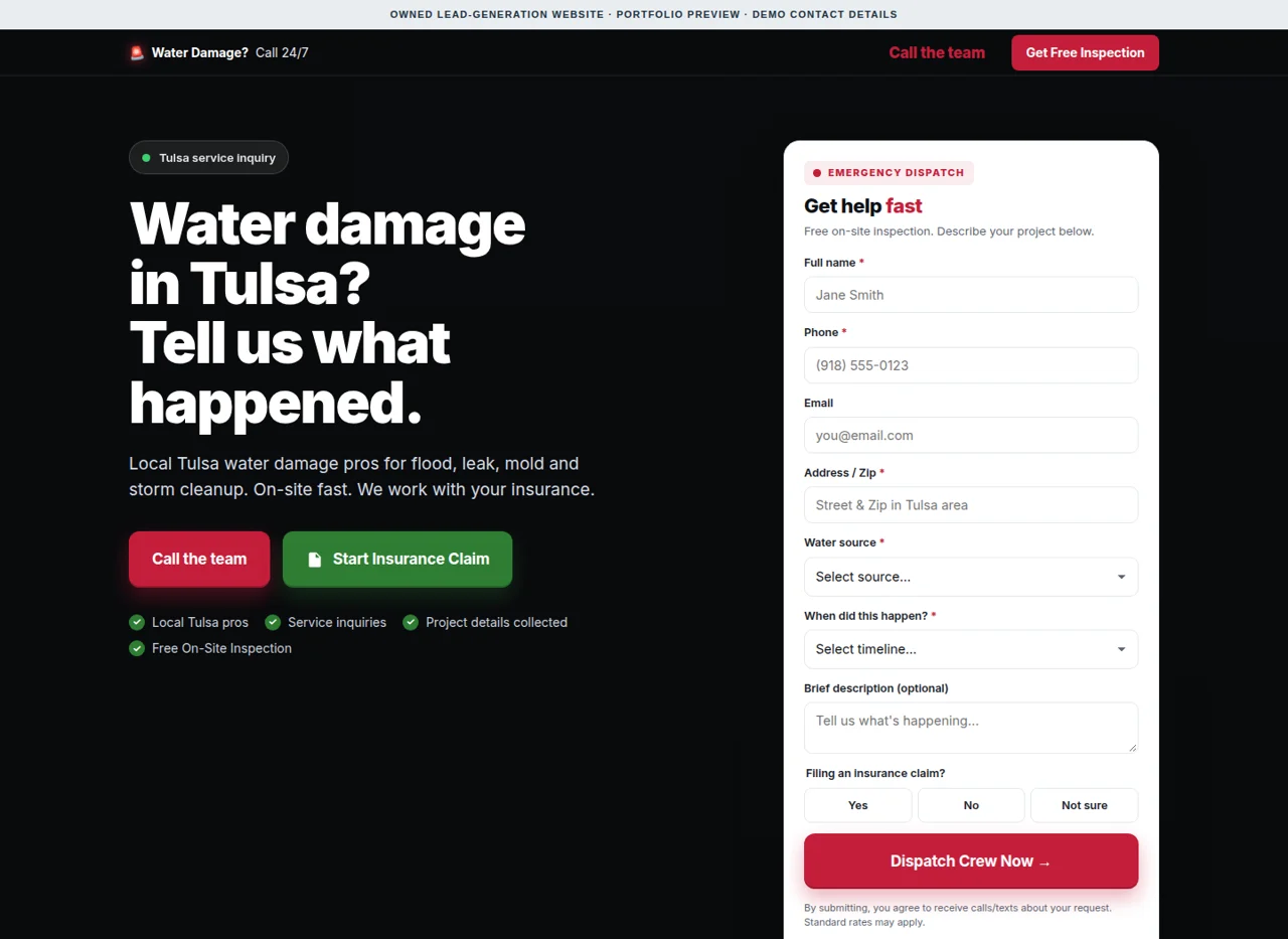 Owned Tulsa water-damage website preview with demo contact details